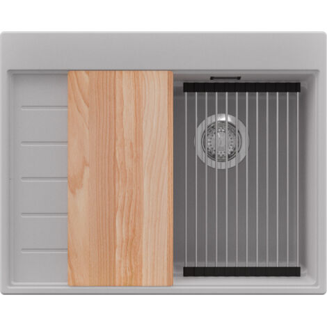 PRIMAGRAN Evier Cuisine en Granit 62x50cm,Lavabo 1 bac + Kit de Vidage + Accessoires, Évier à Encastrer au meuble 40cm - Sydney, Gris