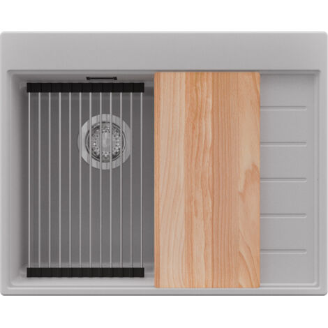 PRIMAGRAN Evier Cuisine en Granit 62x50cm,Lavabo 1 bac + Kit de Vidage + Accessoires, Évier à Encastrer au meuble 40cm - Sydney, Gris