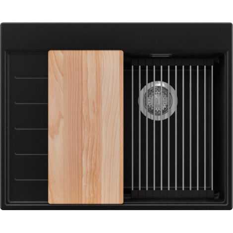 PRIMAGRAN Evier Cuisine en Granit 62x50cm,Lavabo 1 bac + Kit de Vidage + Accessoires, Évier à Encastrer au meuble 40cm - Sydney, Noir