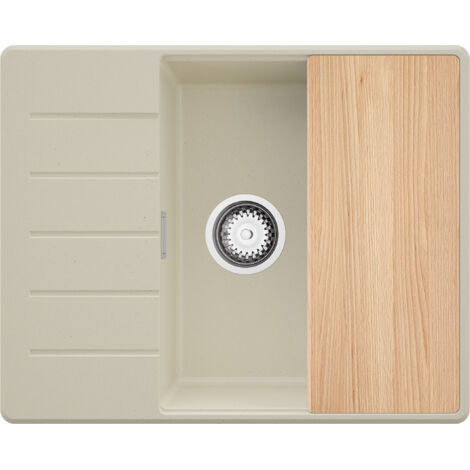 PRIMAGRAN Evier Cuisine en Granit 62x50cm,Lavabo 1 bac + Kit de Vidage + Planche à Découper, Évier à Encastrer au meuble 50cm - Copenhague, Beige