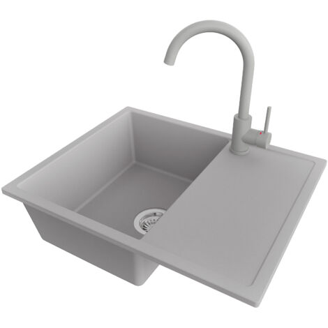 PRIMAGRAN Evier Cuisine en Granit 62x50cm,Lavabo 1 bac + Robinet 32x20cm + Kit de Vidage, Évier à Encastrer au meuble 45cm - Ibiza, Gris