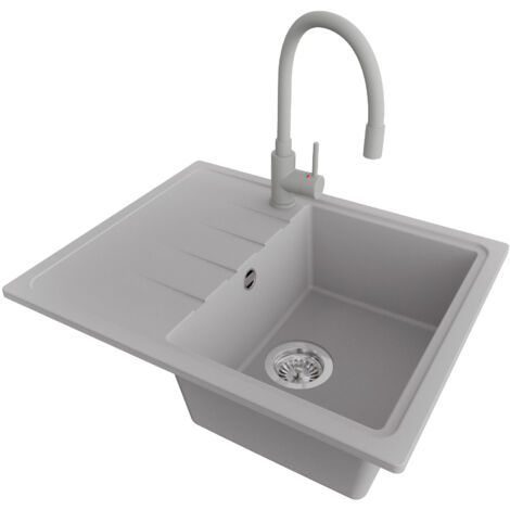 PRIMAGRAN Evier Cuisine en Granit 62x50cm,Lavabo 1 bac + Robinet 38x14cm + Kit de Vidage, Évier à Encastrer au meuble 40cm - Milan, Gris