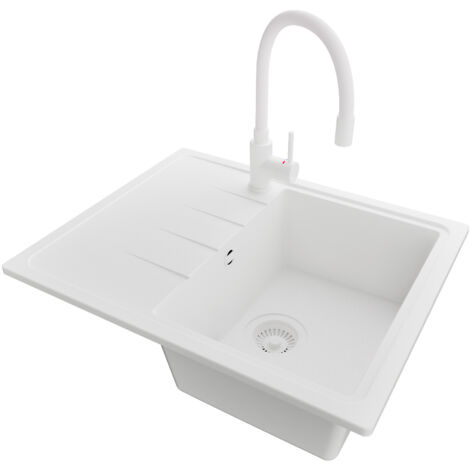 PRIMAGRAN Evier Cuisine en Granit 62x50cm,Lavabo 1 bac + Robinet 38x14cm + Kit de Vidage, Évier à Encastrer au meuble 40cm - Milan, Tout Blanc