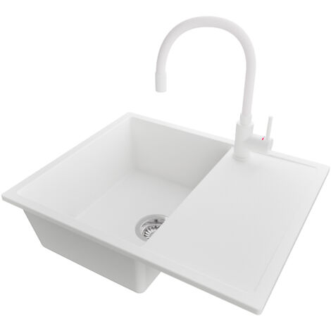 PRIMAGRAN Evier Cuisine en Granit 62x50cm,Lavabo 1 bac + Robinet 38x14cm + Kit de Vidage, Évier à Encastrer au meuble 45cm - Ibiza, Blanc