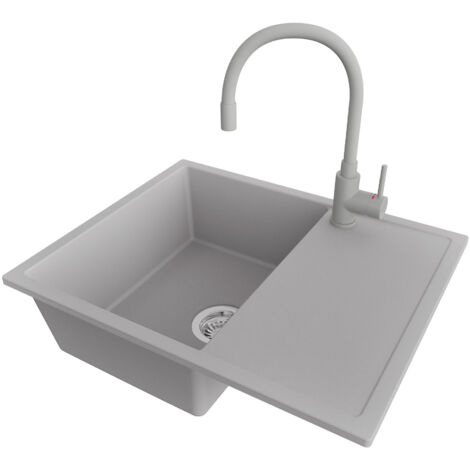 PRIMAGRAN Evier Cuisine en Granit 62x50cm,Lavabo 1 bac + Robinet 38x14cm + Kit de Vidage, Évier à Encastrer au meuble 45cm - Ibiza, Gris