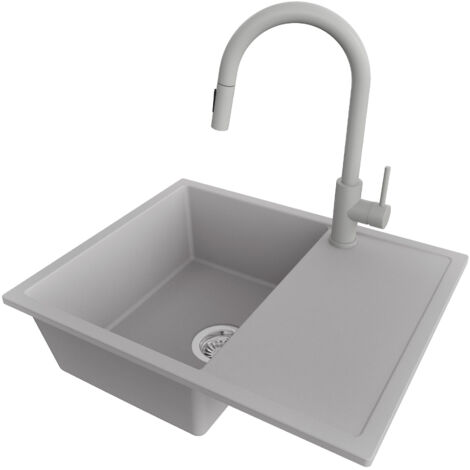 PRIMAGRAN Evier Cuisine en Granit 62x50cm,Lavabo 1 bac + Robinet 40x20cm + Kit de Vidage, Évier à Encastrer au meuble 45cm - Ibiza, Gris