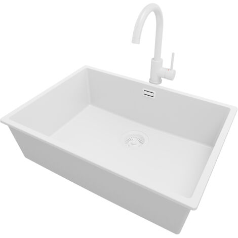 PRIMAGRAN Evier Cuisine en Granit 66x47cm, Lavabo 1 bac + Robinet 32x20cm + Kit de Vidage, Évier à Encastrer au meuble 70cm - London Slim, Tout Blanc