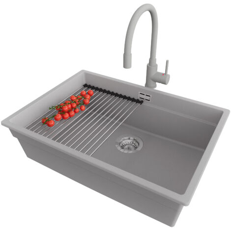 PRIMAGRAN Evier Cuisine en Granit 66x47cm, Lavabo 1 bac + Robinet 38x14cm + Kit de Vidage + Accessoire, Évier à Encastrer au meuble 70cm - Prague Slim, Gris