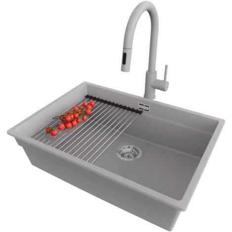 PRIMAGRAN Evier Cuisine en Granit 66x47cm, Lavabo 1 bac + Robinet 40x20cm + Kit de Vidage + Accessoire, Évier à Encastrer au meuble 70cm - Prague Slim, Gris