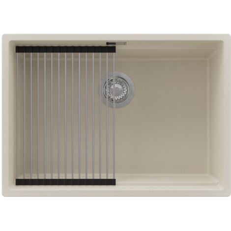 PRIMAGRAN Evier Cuisine en Granit 66x47cm,Lavabo 1 bac + Kit de Vidage + Égouttoir Enroulable, Évier à Encastrer au meuble 70cm - Prague Slim, Beige