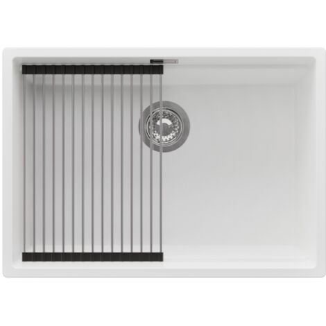PRIMAGRAN Evier Cuisine en Granit 66x47cm,Lavabo 1 bac + Kit de Vidage + Égouttoir Enroulable, Évier à Encastrer au meuble 70cm - Prague Slim, Blanc