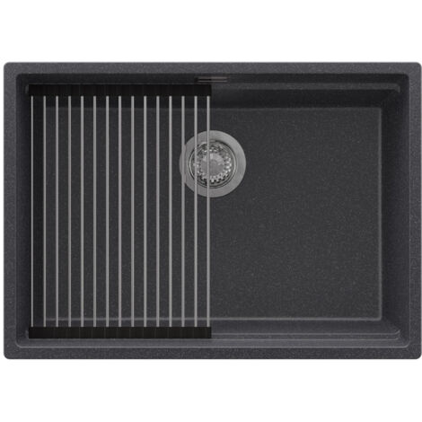 PRIMAGRAN Evier Cuisine en Granit 66x47cm,Lavabo 1 bac + Kit de Vidage + Égouttoir Enroulable, Évier à Encastrer au meuble 70cm - Prague Slim, Graphite