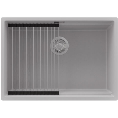 PRIMAGRAN Evier Cuisine en Granit 66x47cm,Lavabo 1 bac + Kit de Vidage + Égouttoir Enroulable, Évier à Encastrer au meuble 70cm - Prague Slim, Gris