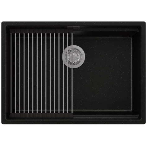 PRIMAGRAN Evier Cuisine en Granit 66x47cm,Lavabo 1 bac + Kit de Vidage + Égouttoir Enroulable, Évier à Encastrer au meuble 70cm - Prague Slim, Noir Métallisé