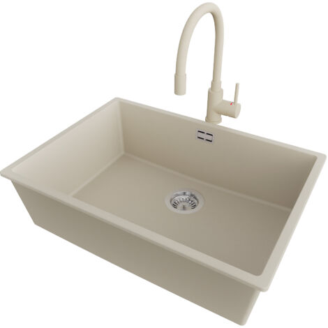 PRIMAGRAN Evier Cuisine en Granit 66x47cm,Lavabo 1 bac + Robinet 38x14cm + Kit de Vidage, Évier à Encastrer au meuble 70cm - London Slim, Beige