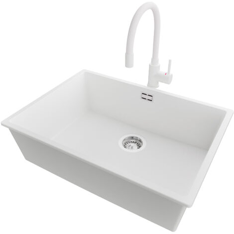 PRIMAGRAN Evier Cuisine en Granit 66x47cm,Lavabo 1 bac + Robinet 38x14cm + Kit de Vidage, Évier à Encastrer au meuble 70cm - London Slim, Blanc