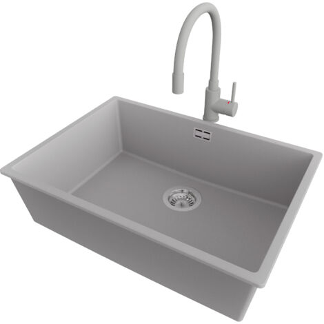 PRIMAGRAN Evier Cuisine en Granit 66x47cm,Lavabo 1 bac + Robinet 38x14cm + Kit de Vidage, Évier à Encastrer au meuble 70cm - London Slim, Gris
