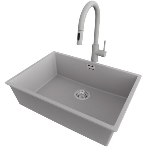 PRIMAGRAN Evier Cuisine en Granit 66x47cm,Lavabo 1 bac + Robinet 40x20cm + Kit de Vidage, Évier à Encastrer au meuble 70cm - London Slim, Gris