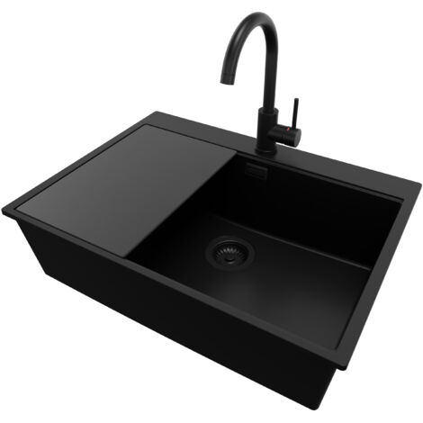 PRIMAGRAN Evier Cuisine en Granit 68x50cm, Lavabo 1 bac + Robinet 32x20cm + Kit de Vidage + Accessoire, Évier à Encastrer au meuble 70cm - Oslo, Tout Noir
