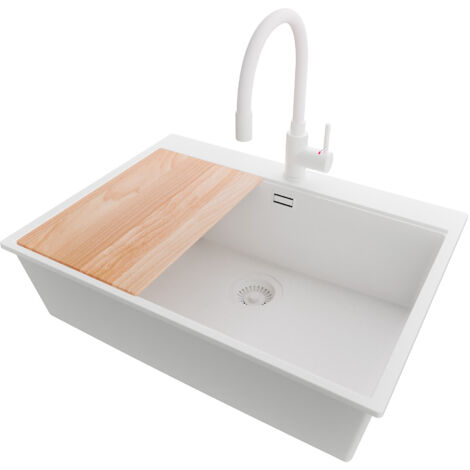 PRIMAGRAN Evier Cuisine en Granit 68x50cm, Lavabo 1 bac + Robinet 38x14cm + Kit de Vidage + Accessoire, Évier à Encastrer au meuble 70cm - Oslo, Tout Blanc