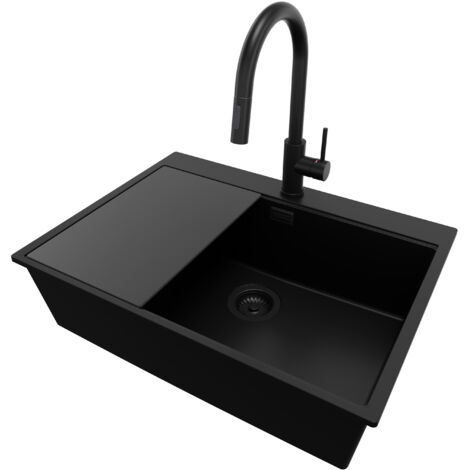 PRIMAGRAN Evier Cuisine en Granit 68x50cm, Lavabo 1 bac + Robinet 40x20cm + Kit de Vidage + Accessoire, Évier à Encastrer au meuble 70cm - Oslo, Tout Noir