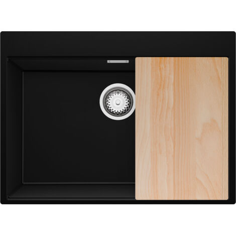 PRIMAGRAN Evier Cuisine en Granit 68x50cm,Lavabo 1 bac + Kit de Vidage + Planche à Découper, Évier à Encastrer au meuble 70cm - Oslo, Noir