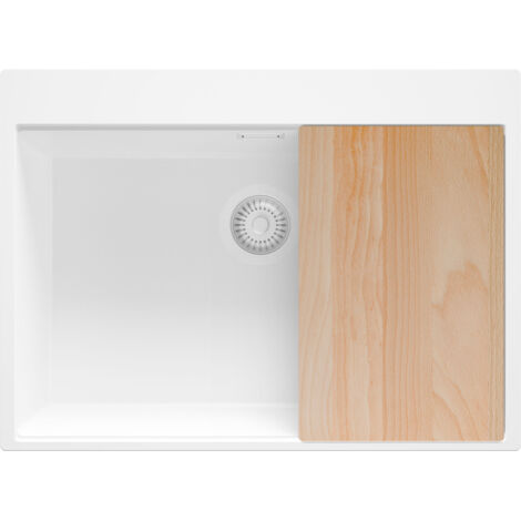 PRIMAGRAN Evier Cuisine en Granit 68x50cm,Lavabo 1 bac + Kit de Vidage + Planche à Découper, Évier à Encastrer au meuble 70cm - Oslo, Tout Blanc
