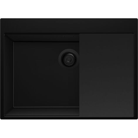 PRIMAGRAN Evier Cuisine en Granit 68x50cm,Lavabo 1 bac + Kit de Vidage + Planche à Découper, Évier à Encastrer au meuble 70cm - Oslo, Tout Noir