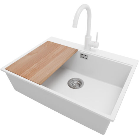 PRIMAGRAN Evier Cuisine en Granit 68x50cm,Lavabo 1 bac + Robinet 32x20cm + Kit de Vidage + Planche à Découper, Évier à Encastrer au meuble 70cm - Oslo, Blanc