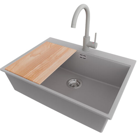 PRIMAGRAN Evier Cuisine en Granit 68x50cm,Lavabo 1 bac + Robinet 32x20cm + Kit de Vidage + Planche à Découper, Évier à Encastrer au meuble 70cm - Oslo, Gris