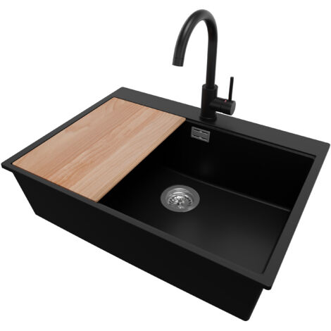 PRIMAGRAN Evier Cuisine en Granit 68x50cm,Lavabo 1 bac + Robinet 32x20cm + Kit de Vidage + Planche à Découper, Évier à Encastrer au meuble 70cm - Oslo, Noir