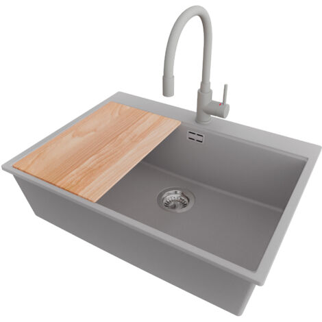 PRIMAGRAN Evier Cuisine en Granit 68x50cm,Lavabo 1 bac + Robinet 38x14cm + Kit de Vidage + Planche à Découper, Évier à Encastrer au meuble 70cm - Oslo, Gris
