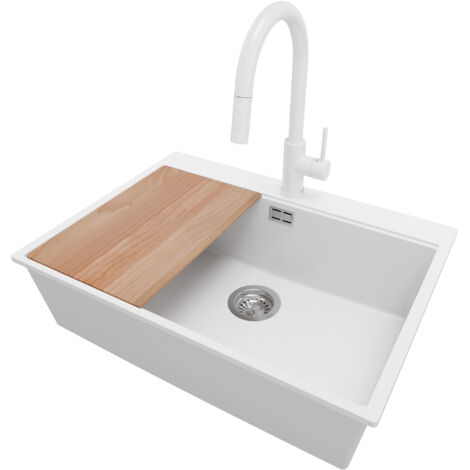 PRIMAGRAN Evier Cuisine en Granit 68x50cm,Lavabo 1 bac + Robinet 40x20cm + Kit de Vidage + Planche à Découper, Évier à Encastrer au meuble 70cm - Oslo, Blanc