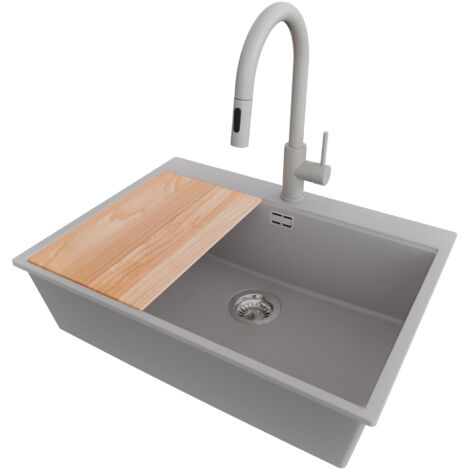 PRIMAGRAN Evier Cuisine en Granit 68x50cm,Lavabo 1 bac + Robinet 40x20cm + Kit de Vidage + Planche à Découper, Évier à Encastrer au meuble 70cm - Oslo, Gris