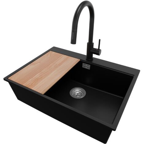 PRIMAGRAN Evier Cuisine en Granit 68x50cm,Lavabo 1 bac + Robinet 40x20cm + Kit de Vidage + Planche à Découper, Évier à Encastrer au meuble 70cm - Oslo, Noir