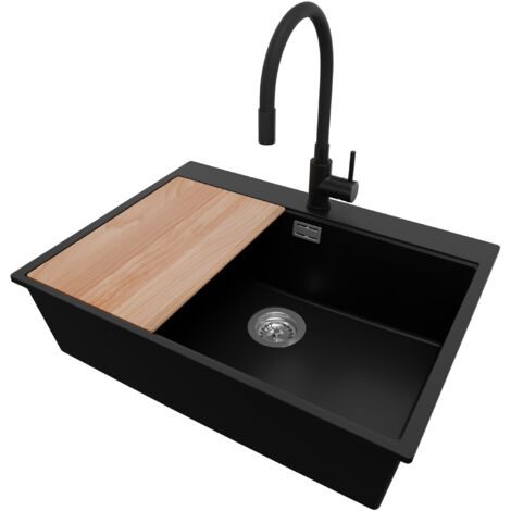 PRIMAGRAN Evier Cuisine en Granit 68x50cm,Lavabo 1 bac + Robinet 40x38cm + Kit de Vidage + Planche à Découper, Évier à Encastrer au meuble 70cm - Oslo, Noir