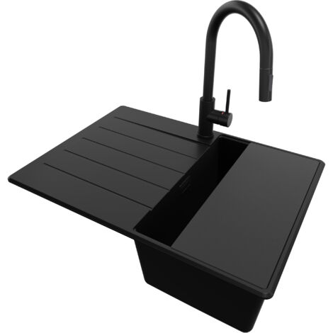 PRIMAGRAN Evier Cuisine en Granit 70x50cm, Lavabo 1 bac + Kit de Vidage + Accessoire, Évier à Encastrer au meuble 40cm - Copenhague, Tout Noir