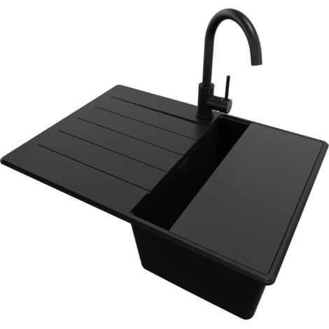 PRIMAGRAN Evier Cuisine en Granit 70x50cm, Lavabo 1 bac + Kit de Vidage + Accessoire, Évier à Encastrer au meuble 40cm - Copenhague, Tout Noir