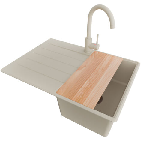 PRIMAGRAN Evier Cuisine en Granit 70x50cm, Lavabo 1 bac + Robinet 32x20cm + Kit de Vidage + Accessoire, Évier à Encastrer au meuble 40cm - Copenhague, Beige