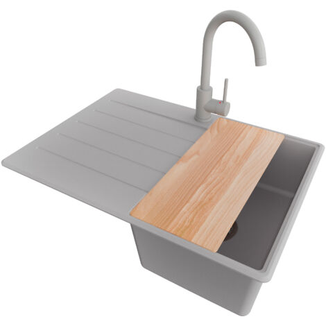 PRIMAGRAN Evier Cuisine en Granit 70x50cm, Lavabo 1 bac + Robinet 32x20cm + Kit de Vidage + Accessoire, Évier à Encastrer au meuble 40cm - Copenhague, Gris
