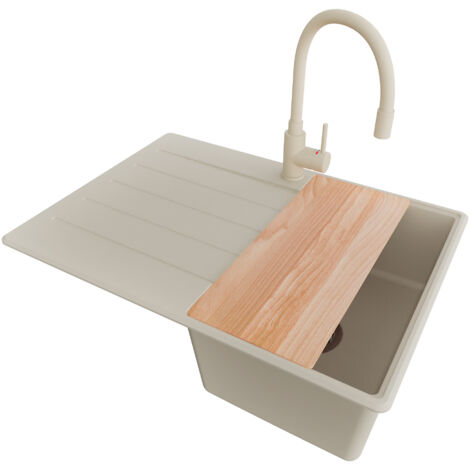 PRIMAGRAN Evier Cuisine en Granit 70x50cm, Lavabo 1 bac + Robinet 38x14cm + Kit de Vidage + Accessoire, Évier à Encastrer au meuble 40cm - Copenhague, Beige