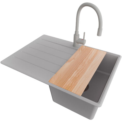 PRIMAGRAN Evier Cuisine en Granit 70x50cm, Lavabo 1 bac + Robinet 38x14cm + Kit de Vidage + Accessoire, Évier à Encastrer au meuble 40cm - Copenhague, Gris