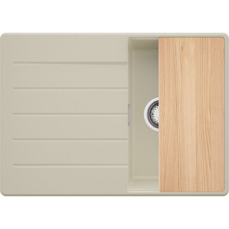 PRIMAGRAN Evier Cuisine en Granit 70x50cm,Lavabo 1 bac + Kit de Vidage + Planche à Découper, Évier à Encastrer au meuble 40cm - Copenhague, Beige