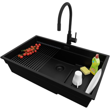 PRIMAGRAN Evier Cuisine en Granit 76x47cm, Lavabo 1 bac + Kit de Vidage + Accessoire, Évier à Encastrer au meuble 80cm - Prague Slim, Tout Noir