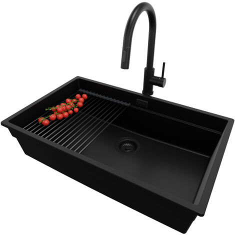 PRIMAGRAN Evier Cuisine en Granit 76x47cm, Lavabo 1 bac + Kit de Vidage + Accessoire, Évier à Encastrer au meuble 80cm - Prague Slim, Tout Noir