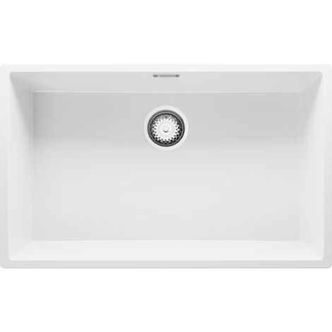 PRIMAGRAN Evier Cuisine en Granit 76x47cm, Lavabo 1 bac + Kit de Vidage, Évier à Encastrer au meuble 80cm - London Slim, Blanc