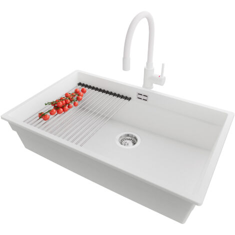 PRIMAGRAN Evier Cuisine en Granit 76x47cm, Lavabo 1 bac + Robinet 38x14cm + Kit de Vidage + Accessoire, Évier à Encastrer au meuble 80cm - Prague Slim, Blanc