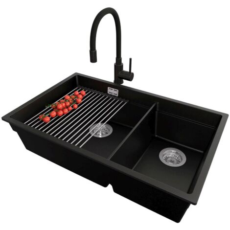 PRIMAGRAN Evier Cuisine en Granit 76x47cm, Lavabo 2 bacs + Kit de Vidage + Accessoire, Évier à Encastrer au meuble 80cm - Prague Slim Duo, Noir