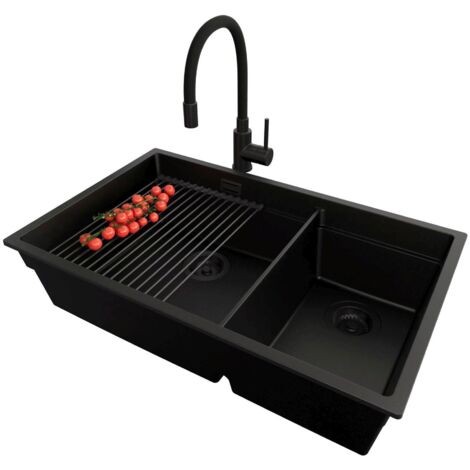 PRIMAGRAN Evier Cuisine en Granit 76x47cm, Lavabo 2 bacs + Kit de Vidage + Accessoire, Évier à Encastrer au meuble 80cm - Prague Slim Duo, Tout Noir
