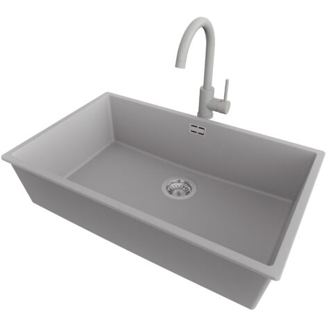 PRIMAGRAN Evier Cuisine en Granit 76x47cm,Lavabo 1 bac + Robinet 32x20cm + Kit de Vidage, Évier à Encastrer au meuble 80cm - London Slim, Gris